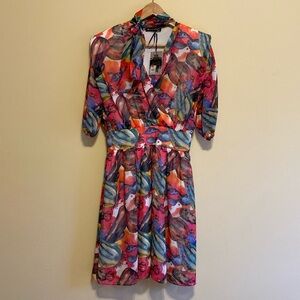 NEW Lila Rose Mini Dress Vintage Style Colourful Artsy Short Sleeve Neck Tie